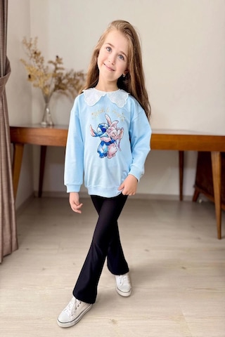 Yaka Detaylı Stitch Desenli Mavi Renk Kız Çocuk Takım Mavi