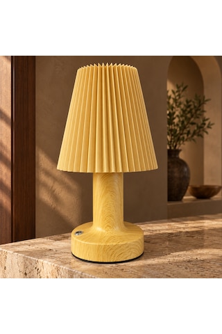 Sleepnova Şarjlı Led Masa Lambası Ahşap Görünümlü Pileli Abajur 3 Işık Modlu 15x13 Cm Ahşap - Bej