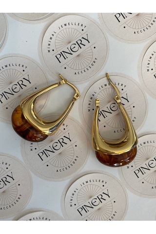 Vintage Kahverengi Taşlı Sallantılı Oval Paslanmaz Çelik Kadın Kü Altın