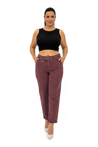 Büyük Beden Yüksek Bel Kemerli Taş Detaylı Mom Kesim Denim Kadın Pantolon Bordo