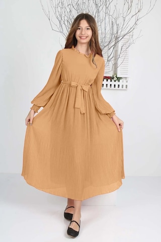 Kız Çocuk Uzun Boydan Pliseli Şifon Elbise Açık Kahve