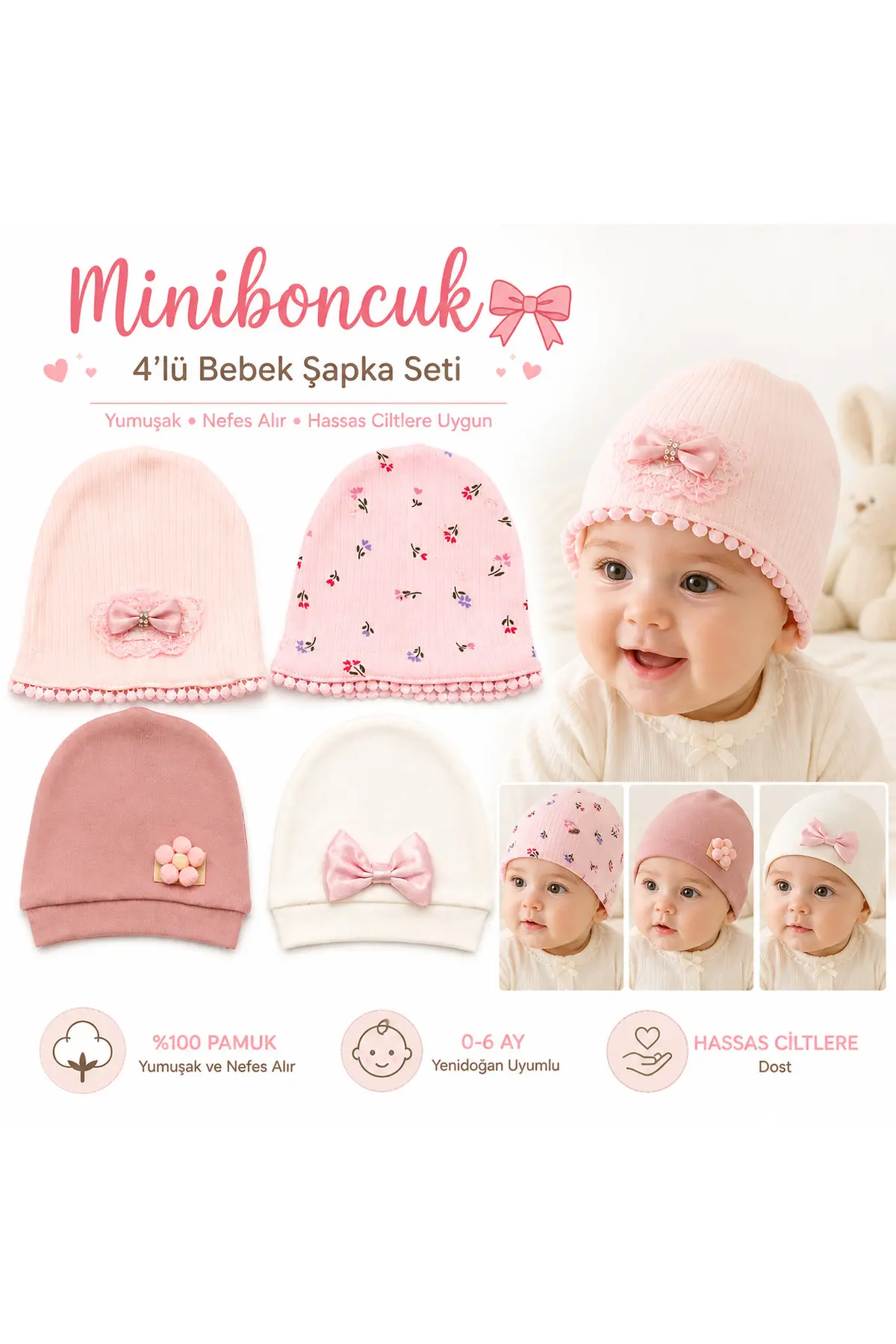 Mini Boncuk Fiyonklu 4'lü Bebek Şapka Seti - %100 Pamuk 0-6 Ay Yenidoğan Uyumlu Beyaz - Pembe