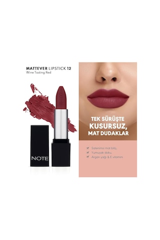 Cosmetics Mattever Lipstick 12 Wine Tasting Red Yarı Mat Saten Bitişli Ruj, Mor Çok Renkli