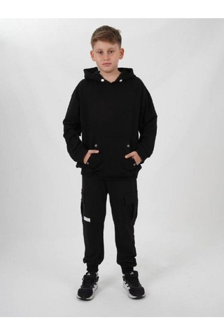 Zekids Çocuk Beli Paçası Lastikli Kargo Cepli Eşofman Alt-14805 Siyah