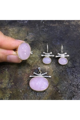 Pembe Kuvars Taşlı Gümüş Set 925 Ayar Takı