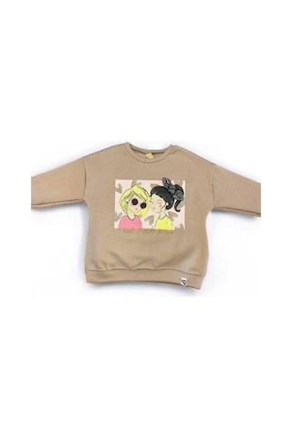 Kız Çocuk Kalın Kız Baskılı İçi Şardonlu Sweatshirt-14345 Bej