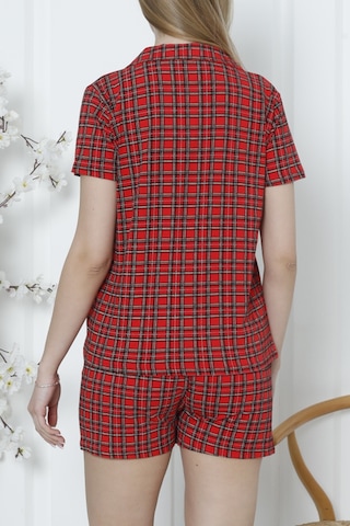 Kadın Düğmeli Şortlu Pijama Takımı Ekoseli Pamuklu Likralı Cepli Kırmızı Nıc1077 R02 Kırmızı