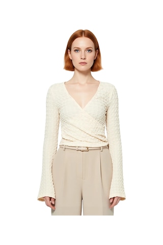 Ersefa Moda Kruvaze Örme Regular Düz Desen Casual Günlük Crop Uzun Kol B Bej
