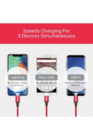 Unıtek Usb-a 3in1 Hızlı Şarj Kablosu 1.2mt 2.4a Mıcro Usb, Type-c, Lıghtnıng C14049bk