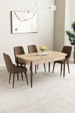 Mabel Meşe Desen 80x132 Mdf Açılabilir Mutfak Masası Takımı 4 Adet Sandalye Kahverengi