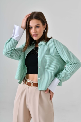 Saade Yeşil Çizgili Crop Gömlek Mavi