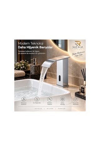 Rena Design Fotoselli Sensörlü Krom Kare Lavabo Bataryasi Temassiz Otomatik Tasarruflu Modern Musluk