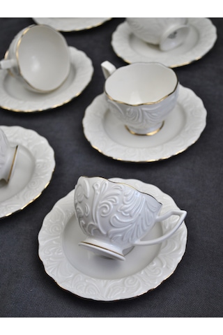 6'lı Porselen Yaldızlı Sade Kahve Fincanı Kabartma Türk Kahvesi F