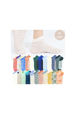 Kral Socks Kadın Çorap Renkli 10 Çift Likralı Pamuklu Penye Patik Çorap Çok Renkli