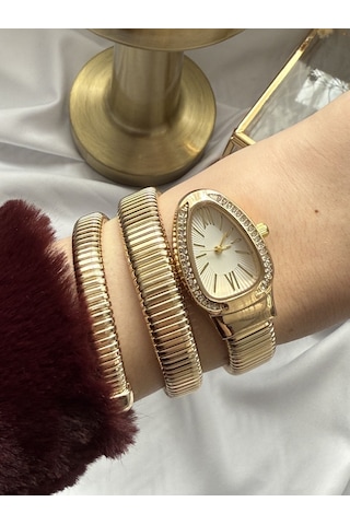 Gold Taşlı Yılan Model Saat Altın - Gümüş