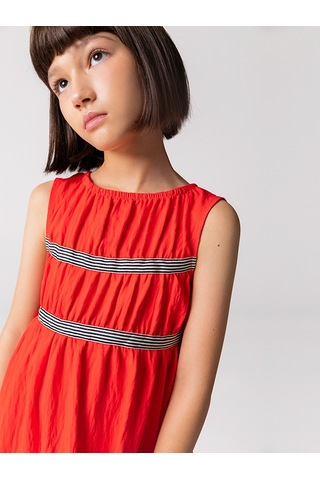 Sheshe Büzgülü Kırmızı Kolsuz Kız Çocuk Elbise Renkli