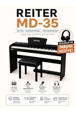 Reiter Md35 Tabure Kulaklık Dahi 88tuş Hassasiyetli Ahşap Piyano Siyah
