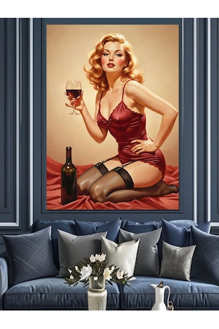 Şarap İçen Kırmızı Gecelikli Seksi Retro Kadın Dekoratif Kanvas - Mdf Ahşap Tablo