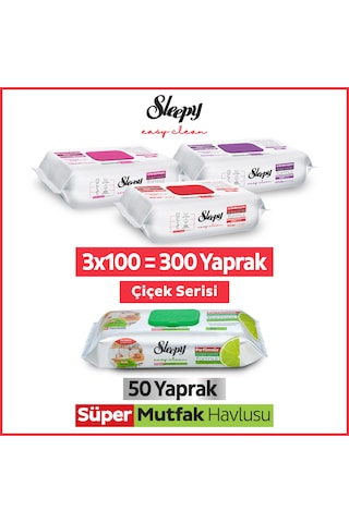 Sleepy Easy Clean Çiçek Serisi&Bergamot Yağlı Süper Mutfak Yüzey Temizlik Havlusu&Mendili(3x100+50)