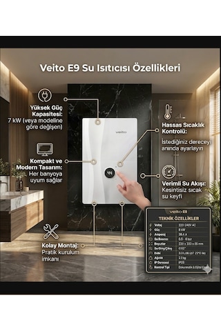 Veito Speed E9 Dokunmatik Dijital Ekranlı Ani Su Isıtıcısı Şofben - 9 Kw Güçlü Isıtma, Ip25 Su Geçirmezlik Tasarımlı Şofben Elektirikli Şofben Montaj Dahil Değildir.