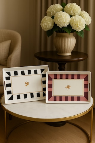 Makri Home 2 Adet Çizgili Desenli Servis Tepsisi 38x28x3,5 Cm, Siyah-beyaz Ve Bordo Çok Renkli