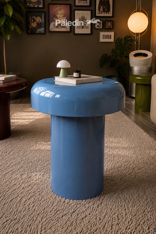 Paledin Design Mantar Çelik Yan Sehpa Yuvarlak Koltuk Yanı Sehpası 37x37x46 Cm Açık Mavi Modern Tasarım