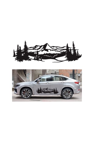 Ranyeek D-957 Pvc Araba Stickerleri, Dağ-ağaç Desenli Siyah Vinyil, Karbonlu Kaplama, 150x50cm 2 Adet, Kolay Kurulum-çıkarma