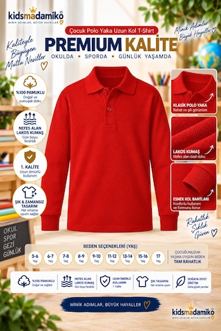 Kidsmadamiko Erkek Çocuk Uzun Kollu Polo Yaka Pamuklu Okul T-shirt Kırmızı