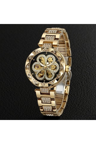 Vkemall Kadınlar İçin Otomatik Mekanik Saat, Gümüş Çelik Kordon, 30m Su Geçirmez, 33mm Taşlı Açık Desenli Siyah-altın Yüz Gold