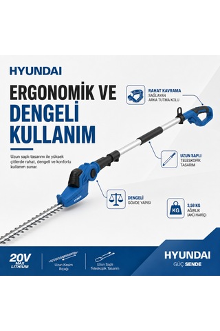 Hyundai Hy20cpht 20v Max Akülü Uzun Saplı Çit Budama Makinesi 16 Mm Kesim Akü Ve Şarj Cihazı Hariç