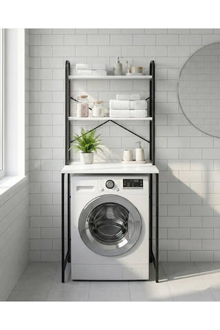Reyo Falez Çamaşır Makinesi Üstü Dolap 2 Katlı Geniş Depolama Raf Ünitesi Metal Banyo Organizeri Siyah - 260 Beyaz