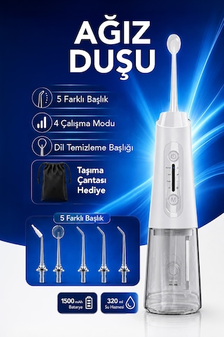 Şarjlı Ağız Duşu - 320ml Su Hazneli 5 Başlık 4 Çalışma Modlu Su Geçirmez Ağız Diş Dil Temizleyici Beyaz