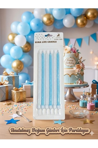 Rima Life Candle Mavi Simli Doğum Günü Pasta Mumu, Uzun Boy, Parlak Finish, Kutlama İçin, 6'lı Paket +0