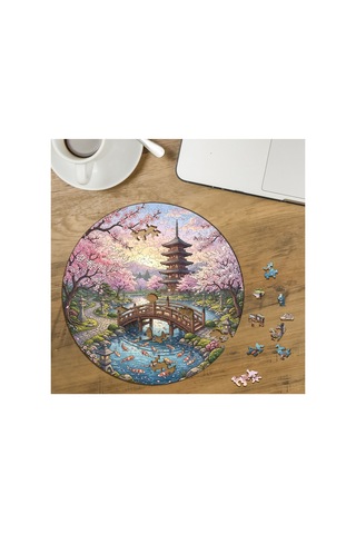 Japon Manzarası - Kiraz Çiçekleri Tasarımlı Özel Kesim Yuvarlak 272 Parça Ahşap Puzzle Mpda692