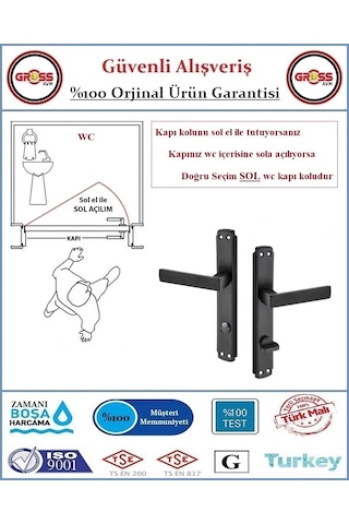 Kare Wc Banyo Kapı Kolu - Mat Siyah - 1 Takım Ön Ve Arka - Sol