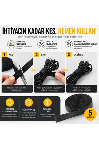 Coofbe 5 Metre Cırt Cırt Kablo Düzenleyici Bant Kesilebilir Kablo Toparlayıcı Bağ Ve Tutucu Kablo Düzenleyici