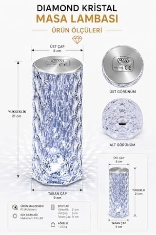 Led Şarjlı Masa Lambası, Kristal Masa Lambası, Dıamond Masa Lambası, Kablosuz, 3 Farklı Renk Değişimi, Modern, Estetik, Taşınabilir, Karavan, Düğün, Nişan, Davet, Organizasyon, Bahçe Masa Lambası .