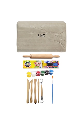Seramik Hamuru 3 Kg Ebeşuar 6x15 Ml Akrilik Merdane Kil Çamur Set