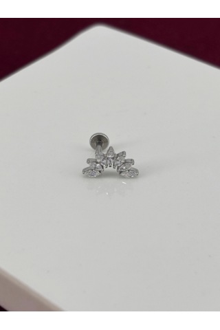 Oval Taş Detaylı Ve Yay Şekilli Silver Piercing Gümüş