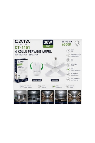 Cata Ct-1151 30 Watt Pervane Led Ampul E27 Beyaz 4 Kanatlı Katlanır Garaj Depo Atölye Aydınlatma Tekli Cata Ct-1151 30 Watt Pervane Led Ampul E27 Beyaz 4 Kanatlı Katlanır Garaj Depo Atölye Aydınlatma Tekli