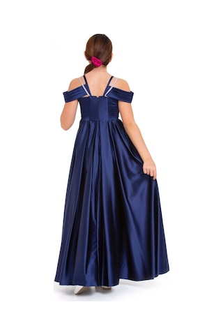 Kız Çocuk Omuz Açık, Taş Detaylı, Uzun Model Lacivert Saten Abiye Elbise Lacivert