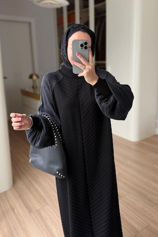 Kahijab Kendinden Desenli Yarım Balıkçı Merserize Elbise - Siyah
