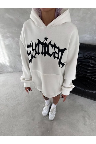 İkales Unisex Üç İplik Kapşonlu Baskılı Sweatshirt - Beyaz