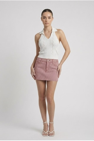 Neden Tekstil Kadın Polo Yaka Sırt Dekolteli Crop Bluz - Beyaz