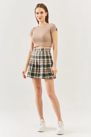 Kadın Kısa Kol Bisiklet Yaka Vücuda Oturan %100 Pamuklu Kaşkorse Esnek Crop Bluz Açık Kahve