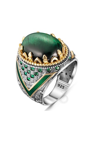 925 Ayar Gümüş Yeşil Kaptan Gözü Taşlı Mineli Erkek Yüzük Gümüş