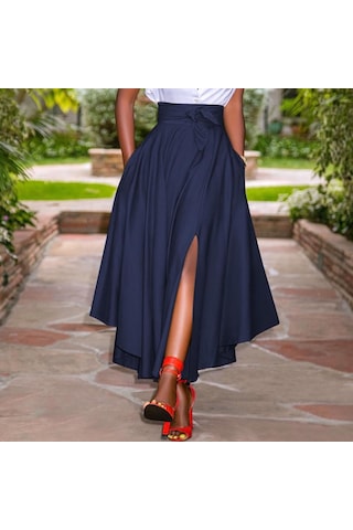 Zanzea Bayan Yaz Yüksek Bel A Hattı Yırtmaçlı Etek Cepli Lacivert
