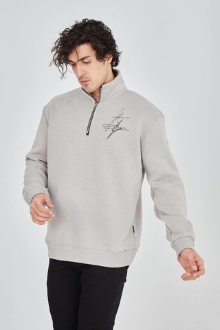 Erkek Yarım Fermuarlı Baskılı 3 İplik Pamuklu Sweatshirt - Boyalı Gri Gri