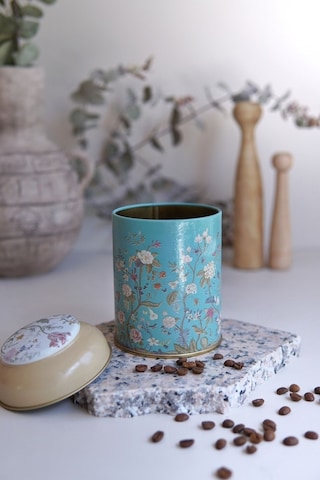 Flora Blue Desenli Yuvarlak Metal Saklama Kabı, 9 X 11 Cm, 0,6 Lt Desenli