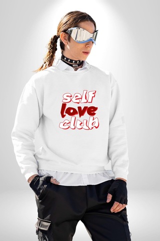 Kendini Sevme Kulübü Sokak Stili Unisex Beyaz Sweatshirt Beyaz